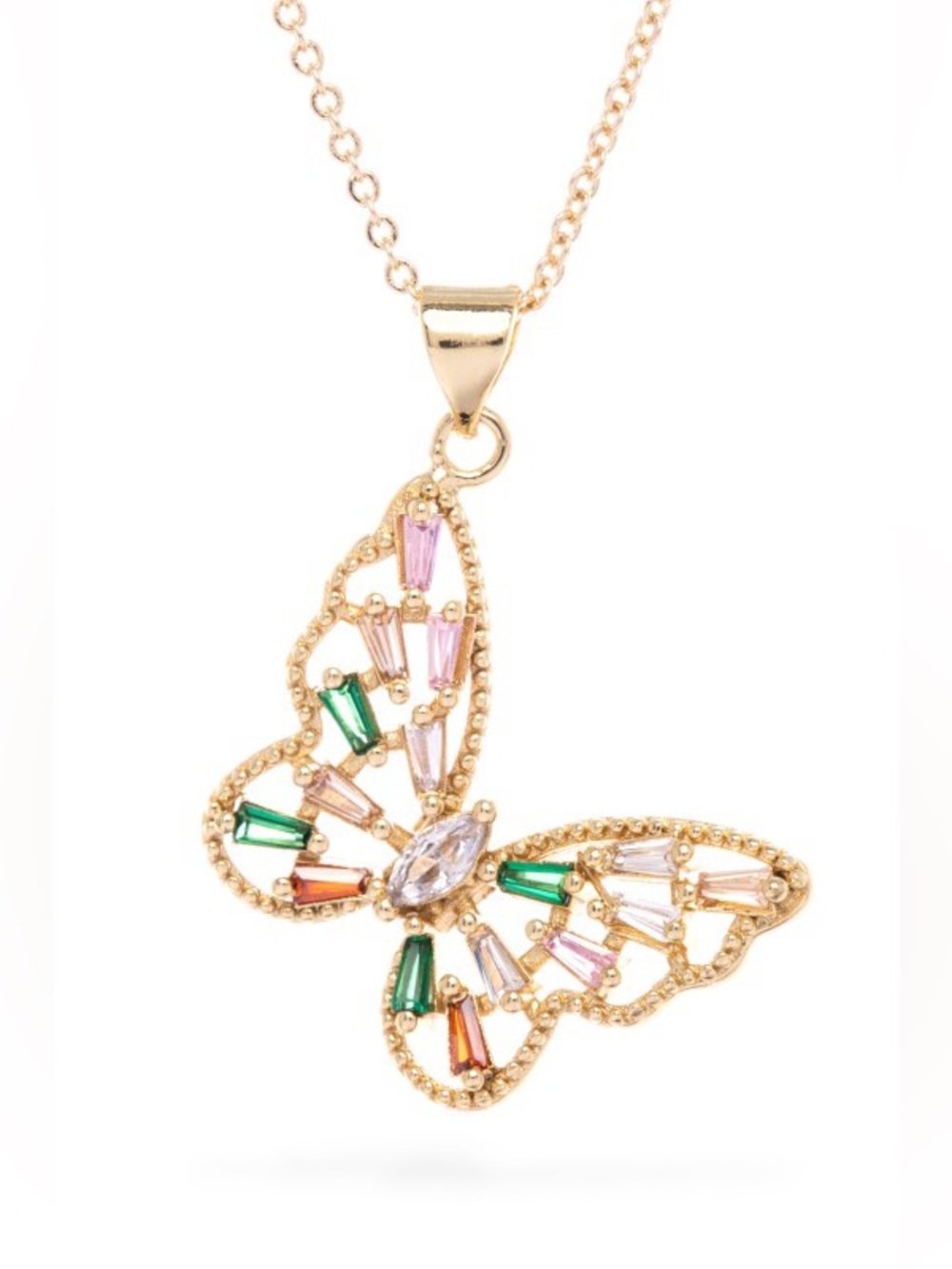 Gold Butterfly Pendant Necklace Multicolor CZ 14K Gold Plated Dainty Statement